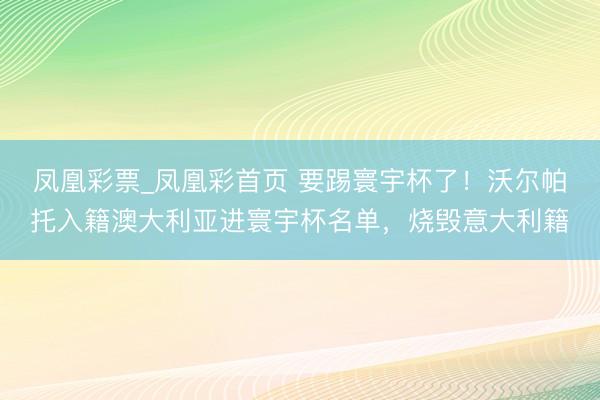 凤凰彩票_凤凰彩首页 要踢寰宇杯了！沃尔帕托入籍澳大利亚进寰宇杯名单，烧毁意大利籍
